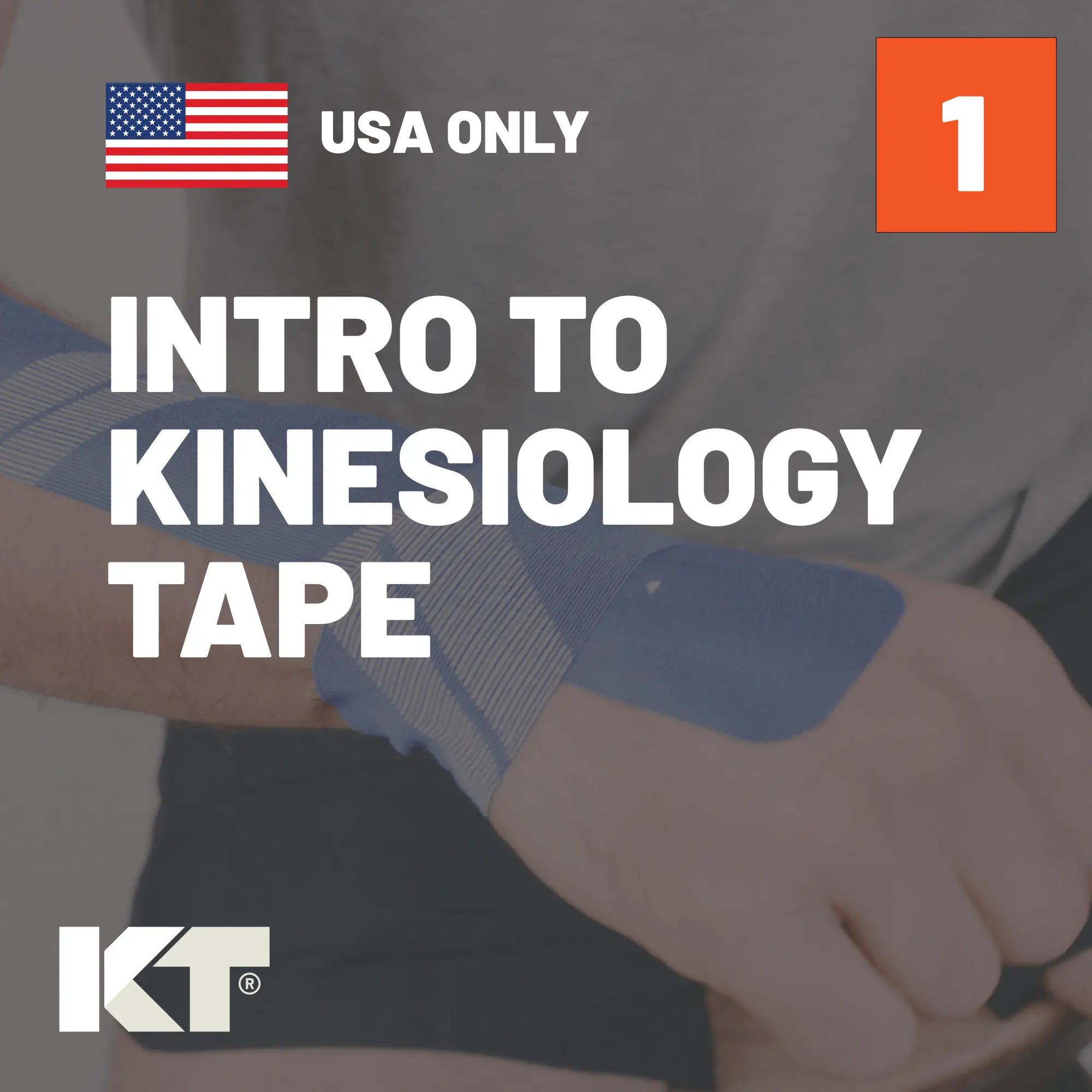 Person applying kinesiology tape with text 'Intro to Kinesiology Tape' and 'USA Only' on a gray background.